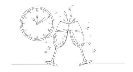 Continuous line drawing of champagne glasses toasting with a clock showing almost midnight time celebration