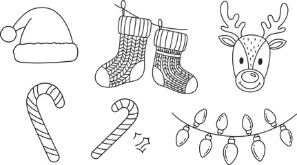 Christmas holiday doodles&mdash;Santa hat, stockings, reindeer, candy cane, and festive lights, cute black outline vector.