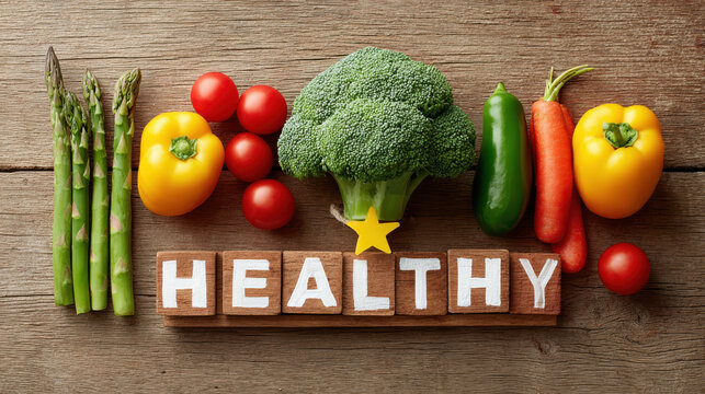 Word healthy with fresh vegetables on a rustic wooden background.Healthy food word featuring fresh vegetables on wood. 