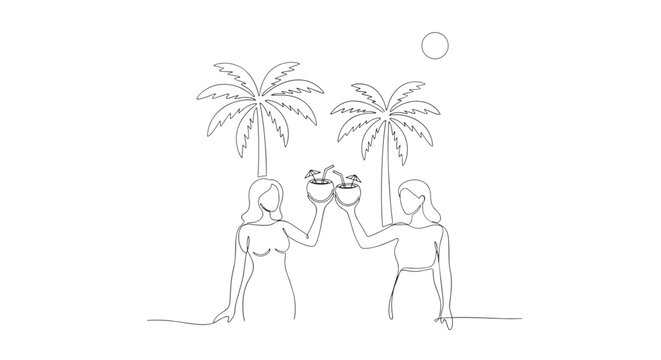 Two women toasting with coconut drinks under palm trees in a minimalist black and white line drawing