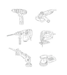 Power construction tools set drill, angle grinder, hammer drill, jigsaw, reciprocating saw, sander drawing in graphic style on white background