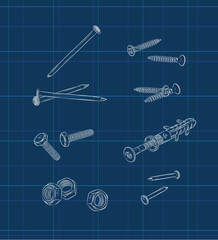 Screws, bolt, nut, wall plug and rivets set drawing in graphic style on blue background
