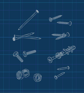 Screws, bolt, nut, wall plug and rivets set drawing in graphic style on blue background
