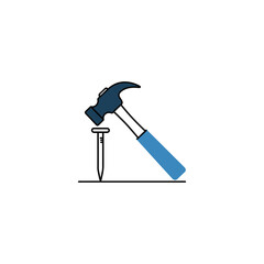 Hammer drives nail into surface, showcasing simple carpentry task with clean lines and bright colors on white backdrop.