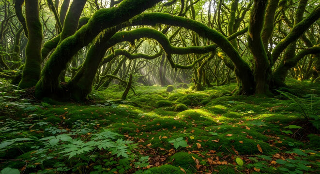 Enchanting sun-dappled forest canopy with moss-covered ancient trees, a serene pathway beckoning deeper into the mystical woodland scenery, evoking tranquility and natural wonder