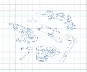 Woodworking construction tools set angle grinder, saw, reciprocating saw, sander, axe drawing in graphic style on light background