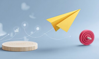 Yellow paper airplane flying to red target from podium