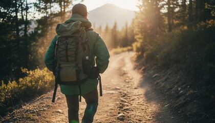Fototapeta premium Back view of a person with a backpack hiking on a forest trail. Hiker walking towards a mountain during a golden hour sunset. Outdoor adventure and travel concept