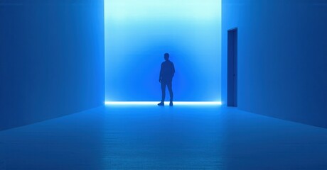 Minimalist room features person silhouetted within bright blue light. Empty space evokes isolation, contemplation. Modern design.