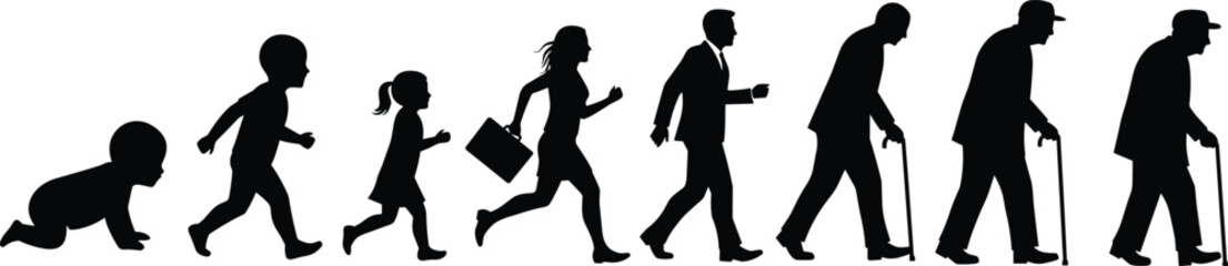 Silhouette illustration showing stages of human life from crawling baby to elderly person, representing aging process, growth, and time evolution