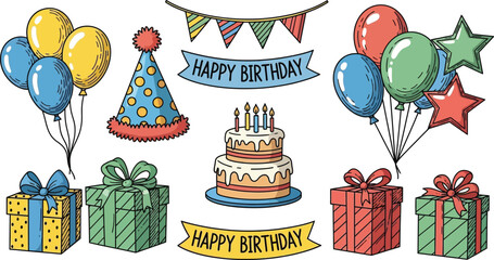  Birthday celebration doodles cake with candles, party hat, balloons, gifts, and banners, festive sketch vector.