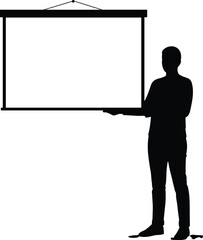 Silhouette of man standing with presentation board, business training concept, education seminar, meeting communication, corporate learning, blank display screen