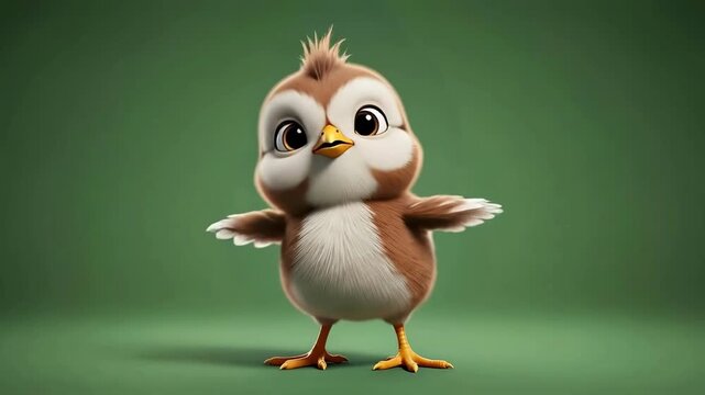 Adorable cartoon baby chick flapping wings playfully against vibrant green backdrop animation loop cute