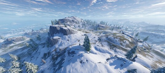 Aerial view snow mountain landscape. Game background scene. Generative AI technology.	
