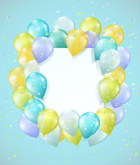 Colorful festive background with glossy balloons and confetti forming a frame on a light blue backdrop. Celebration template with copy space for greeting cards, invitations, and party announcements.