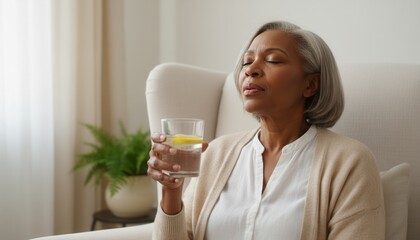 Mature African American woman experiencing a menopausal hot flash. Older female with eyes closed holding a glass of water for relief. Women's health and midlife concept