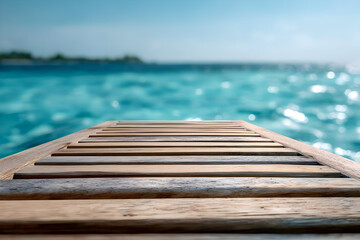 Fototapeta premium A serene view of a wooden dock extending into the crystal-clear blue waters, perfect for relaxation and escape.