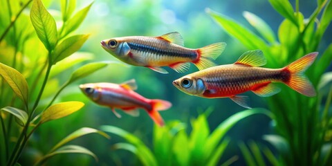 Vibrant aquatic life thrives amidst lush greenery, showcasing the beauty of diverse fish species in a tranquil underwater environment.