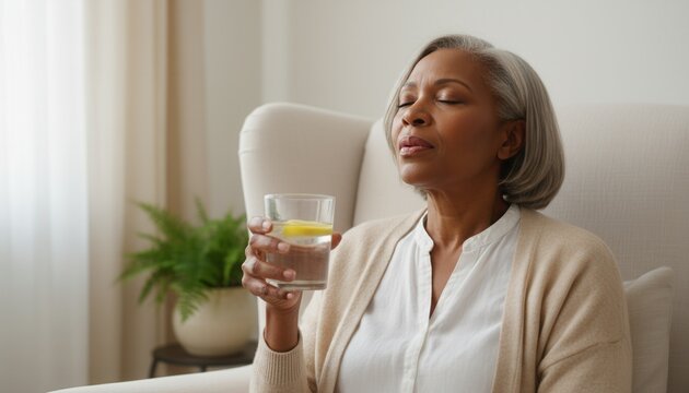 Mature African American woman experiencing a menopausal hot flash. Older female with eyes closed holding a glass of water for relief. Women's health and midlife concept - Powered by Adobe