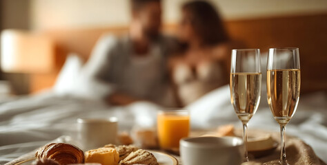 Obraz premium A romantic breakfast in bed with champagne, pastries, and orange juice, perfect for a cozy morning together.