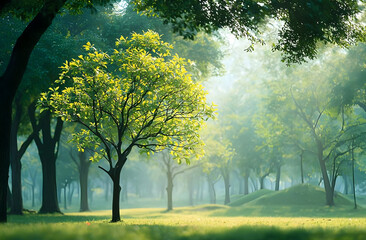 Fototapeta premium Serene forest scene with vibrant trees bathed in soft sunlight, creating a peaceful atmosphere for relaxation.