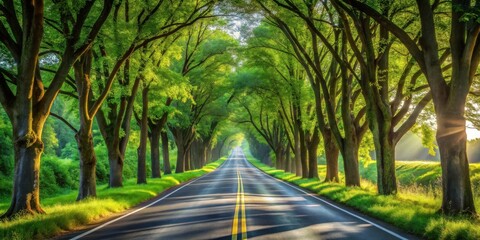 Asphalt Path Through a Lush Canopy of Vibrant Green Trees on a Sunny Day