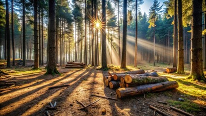 Golden sunbeams illuminate a serene woodland scene, casting long shadows across the forest floor where stacks of harvested timber rest peacefully amidst the trees.