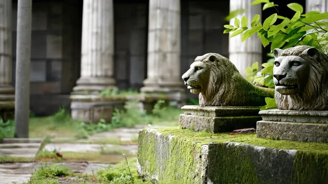 Ancient courtyard with mosscovered lion sculptures in serene historic setting