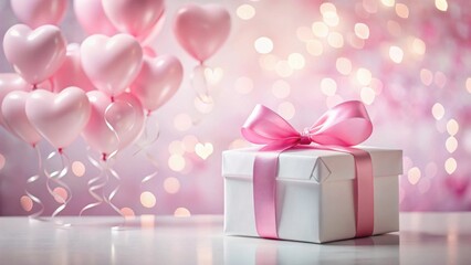 A Beautifully Wrapped Gift with Pink Heart Balloons on a Sparkling Background