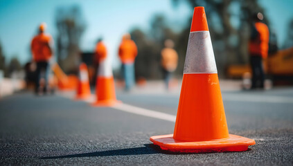 A close-up of an orange traffic cone on a road, with construction workers in the background, indicating roadwork.