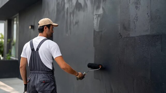 熟練職人が黒塗料をローラーで外壁塗装する真剣な後ろ姿