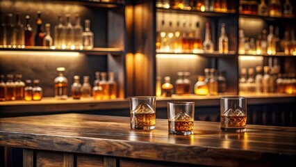Ambiance of a dimly lit bar featuring two glasses of amber liquor with ice cubes on a rustic wooden table against a backdrop of a well-stocked spirit shelf