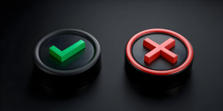 A close-up of vibrant green checkmark and red cross buttons on a dark background, symbolizing decisions and choices.