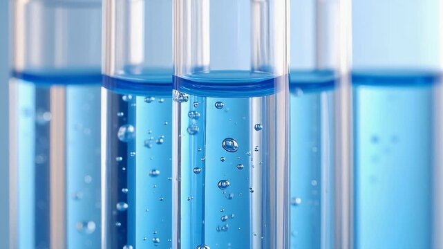 青い液体を含むガラス試験管が並ぶ清潔なラボ風景