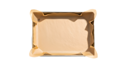 Empty metal baking pan lined with brown parchment paper, viewed from above for design mockup. isolated PNG with Transparent Background