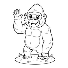 Obraz premium Cartoon gorilla waving hello standing on grassy mound black and white primate animal