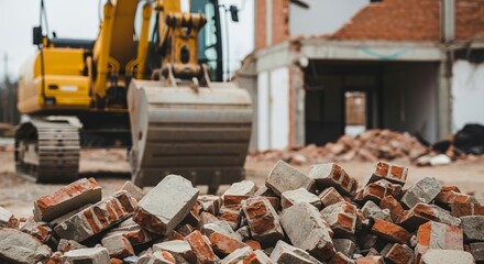 Heavy machinery excavator dismantles and demolishes brick building for construction site development