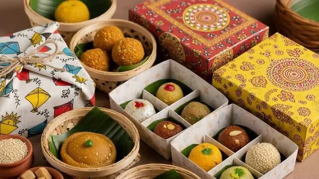 Makar Sankranti themed sweets beautifully packed in eco-friendly boxes for festive gifting