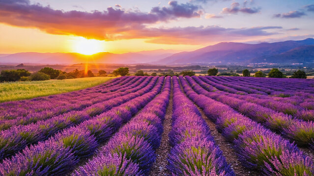 Photorealistic lavender field at sunset with bright orange sky and mountains in background in warm summer evening light