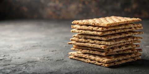 A neatly stacked pile of crispbread crackers rests on a dark textured surface; a simple yet appealing image for culinary or food-related projects.