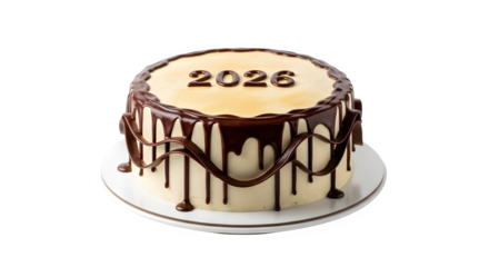 Delicious chocolate drip celebration cake with "2026" text for New Year or anniversary isolated PNG with Transparent Background