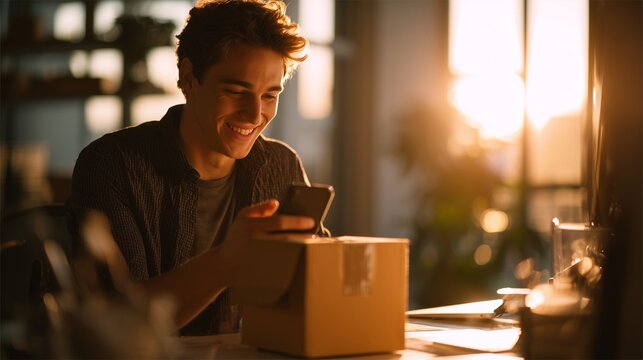 A man examines his smartphone while sitting at a table with a cardboard box beside him. The warm light from the sunset enhances the calm atmosphere of the evening scene.