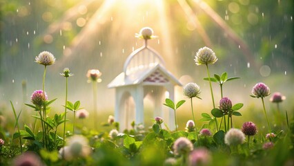Serene Summer Rain Shower Illuminates Delicate Wildflowers Surrounding a Small White Gazebo