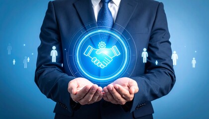 Businessman presenting handshake icon, symbolizing partnership, collaboration, and agreement, ideal for business concepts