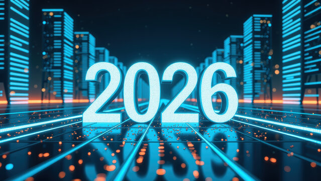 Futuristic cityscape with glowing numbers representing year 2026, surrounded by illuminated buildings and digital elements, conveying sense