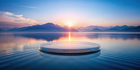 Serene Sunrise Display Platform Atop a Calm Lake, Surrounded by Majestic Mountains at Dawn
