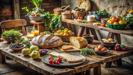 Rustic Farmhouse Table Abundantly Filled with Freshly Baked Bread, Juicy Fruits, and Vibrant Vegetables, Ready for a Hearty Meal