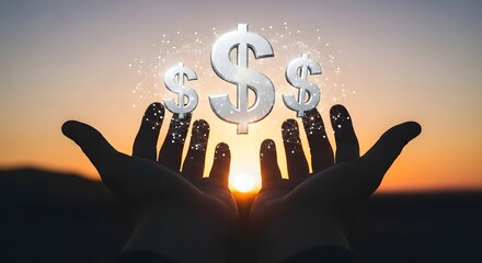Dollar Signs at Sunset, Financial Success Concept, Outdoor Viewpoint, Business Environment