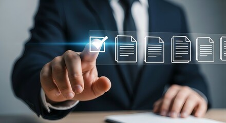 Businessman s finger selects document from digital checklist on screen