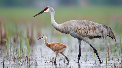 Obraz premium Sandhill Crane and Chick Walking Gracefully Through Wetlands